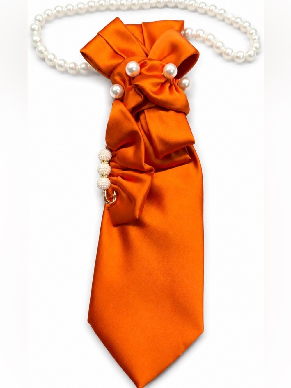 Orange Satin Pearl Embellished Statement Necktie Necklace One Size